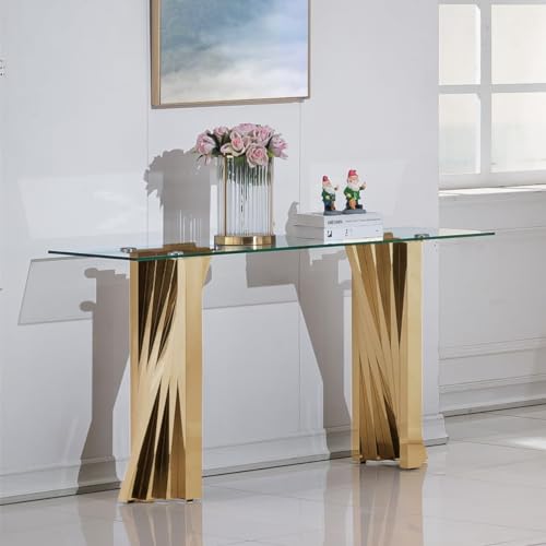 55 inch Luxury Console Table with Gold Stainless Steel Metal Pedestal, Rectangular Tempered Glass Console Table, Mid Century Modern Console Table Long Narrow Console Table for Entryway Hallway Table