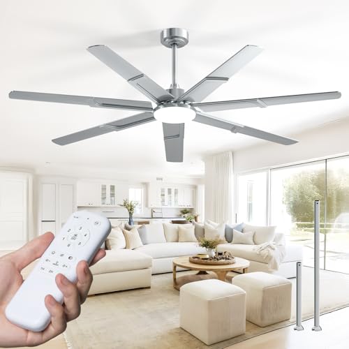Image of Amico Ceiling Fans with Lights,66 inch Nickel Ceiling fan with Light and Remote, 6 Speed Reversible DC Motor, 3CCT, Dimmable, Quiet, Timer, Outdoor Ceiling Fan with Light for Patios, Indoor /Outdoor