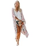 Zexxxy Damen Lange Sommer Boho Strand Kimono Cardigan Bluse Blumen Tops Bikini Cover Ups Übergroß Strickjacke Outwear, Weiß, S
