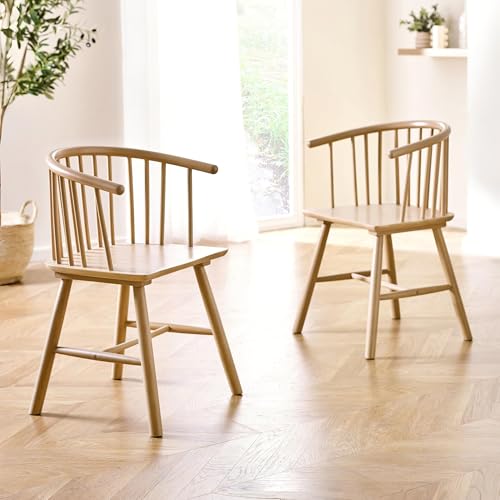 Image of Julian Bowen Kaito Dining Chairs Set of 2, Scandi Beech Oak Effect Kitchen Chair with Curved Spindle Back, Kitchen Seat with Backrest for Dining Room - H 85 x D 58cm