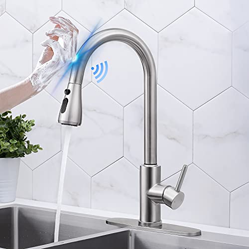 Up To 40% OFF DJS Touch Kitchen Faucet with Pull Down Sprayer, Touch On Kitchen Sink Faucet with Single Handle 3 Spray Setting Deck Plate for 1 or 3 Holes Sink, Brushed Nickel. (Brushed Nickel) Up To 40% OFF DJS Touch Kitchen Faucet with Pull Down Sprayer, Touch On Kitchen Sink Faucet with Single Handle 3 Spray Setting Deck Plate for 1 or 3 Holes Sink, Brushed Nickel. (Brushed Nickel)