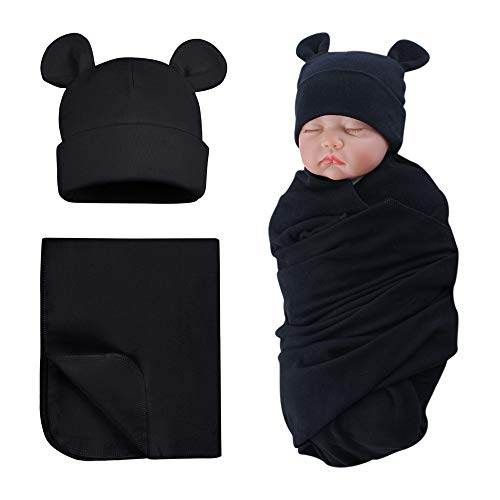 Koc bawełniany z Baby Cute Baby Koc Narodziny Miś i Czapka (Czarny)