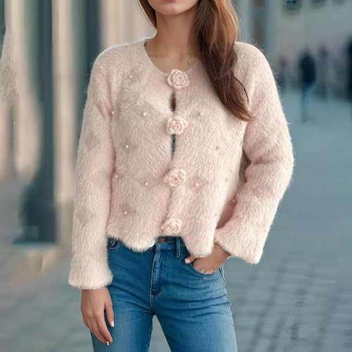 Women's Mohair Sweaters Fuzzy Mohair Cardigan Pearl Soft Chunky Button Down Fuzzy Sweater Trendy Casual Clothes2