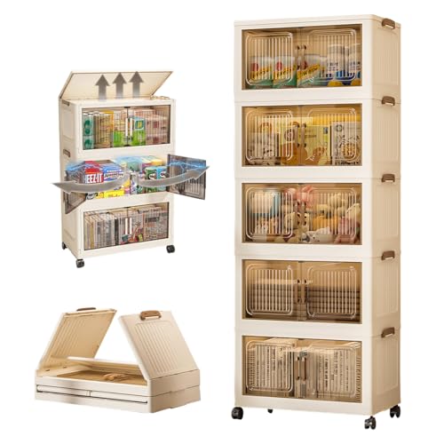 El Mejor Listado de Cajones de Plastico para Ropa . 42 Cajas de Almacenamiento Apilable 5 Niveles con Tapas y Ruedas, Armario de Organización Plegable Cajonera Plástico Rodante Casillero Multiusos con Doble Puerta Transparente para...