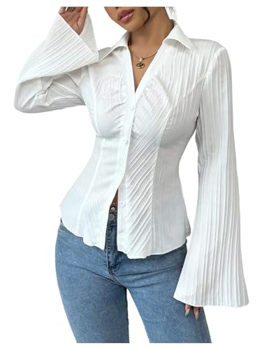 GORGLITTER Women's Bell Sleeve Button Up Shirt Collared Long Sleeve