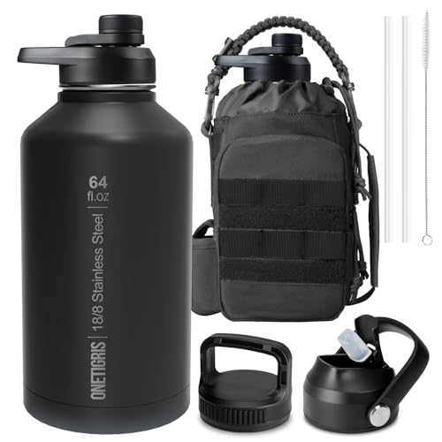 Image of ONETIGRIS Tactical Half Gallon Water Bottle with Straw - 64 oz Vacuum Insulated Stainless Steel Water Jug, Leakproof Sport Bottle with 3 BPA Free Lids, Paracord Handle & MOLLE Water Pouch for Outdoor