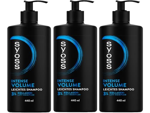 SYOSS Shampoo Intense Volume Leichtes Volumen Shampoo (3x 440 ml), Haarshampoo für feines, plattes Haar, spendet bis zu 48 h langanhaltendes Volumen, Formel mit 3% Kollagen-Lift-Komplex