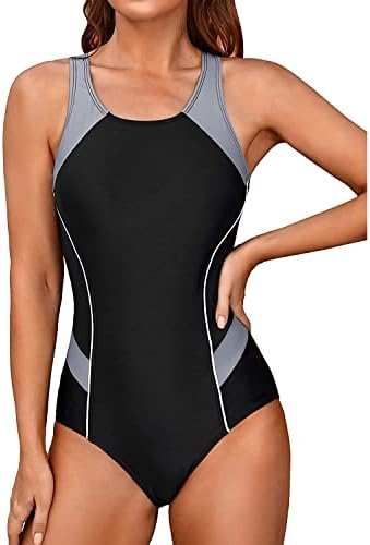 Tempt Me Women One Piece Swimsuits Athletic Racerback Swimwear Training Exercise Slimming Bathing Suit Black Gray S