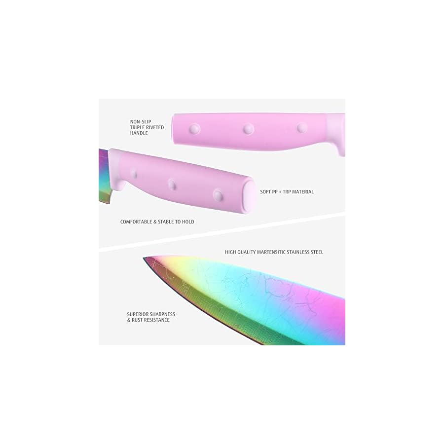 hecef-14-Pieces-Knife-Set-with-Block-Rainbow-Titanium-Knives-Set-with-Laser-Pattern-Martensitic-Stainless-Steel-Chef-Knife-Set-with-Sharpener-Steak-Knife-ScissorsPurple hecef 14 Pieces Knife Set with Block, Rainbow Titanium Knives Set with Laser Pattern, Martensitic Stainless Steel Chef Knife Set with Sharpener, Steak Knife, Scissors, Mothers Day Gift