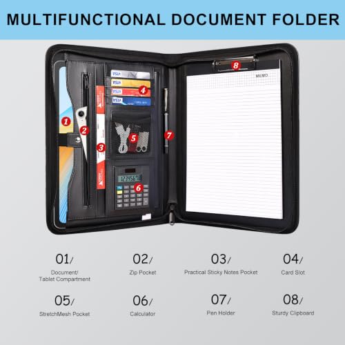 Image of Eshow Padfolio for Men Women with Pen, Leather Portfolio with Zipper - Professional Interview Resume Organizer with Card Holder, Writing Pad & File Folders for Business, Lawyer, Student