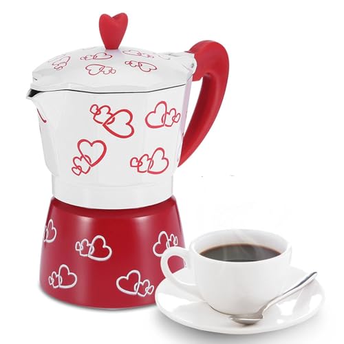 Agatige Olla para hacer café expreso, de aluminio, fácil de usar, cubana, percolador, Moka, hervidor para el hogar y la Oficina (Gran corazón rojo)