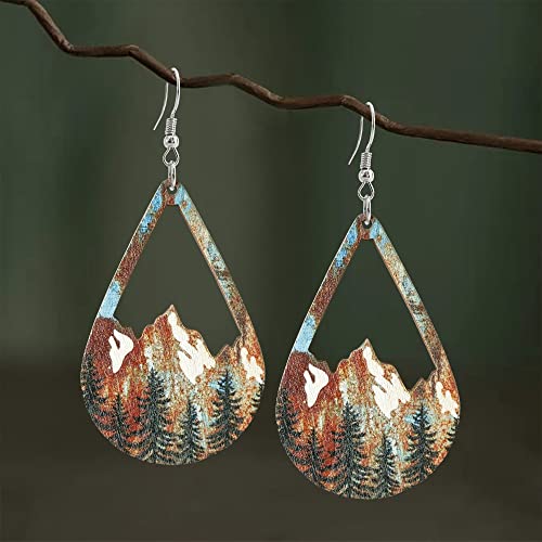 Handmade Bohemian Colorful Vintage Nature Wooden Mountain Dangle Drop Earrings Boho Lightweight Wood Hollow Teardrop Hook Earring with Tree Pattern for Women Statement Outdoor Enthusiast Jewelry Gifts3