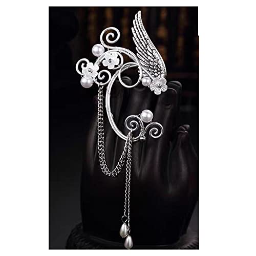 Filigree Angel Wing Flower Pearl Cuff Wrap Clip On Fake Earrings For Women Girls Non Pierced Ear Dainty Sterling Silver Plated Dangle Drop Tassel Chain Threader Elegant Crawler Climber Handmade Fairy Elven Cosplay Fantasy Costume Party Hypoallergenic Fashion Jewelry Gifts #TOP2