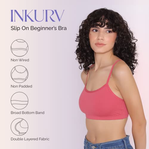 Image of INKURV Slip On Beginner's Bra for Girls & Teenagers, Non Padded Sports Bra| Adjustable Straps with No Hooks| Double Layered Fabric, Non-Wired Seamless Bralette for Gym-Combo of 2