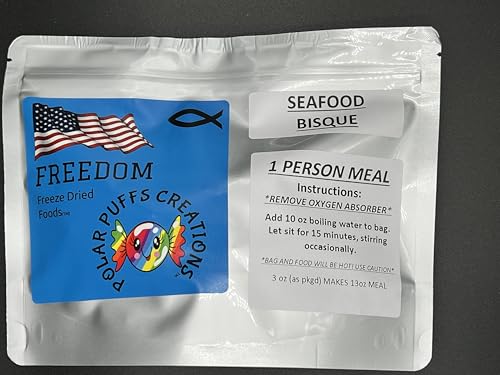 Freedom Freeze Dried Seafood Bisque, BIG PORTION Single Serving Meal, 3 oz as packaged, Camping, Hunting, Backpacking, Survival Meal, Gourmet Meal, Emergency Preparedness, Freeze Dried Meal, Easy to Prepare