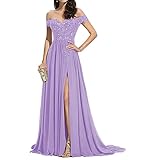 seezom Off Shoulder Chiffon Bridesmaid Dress for Women Lace Applique Formal Prom Dress Maid of Honor Dress with Long Slit Lilac