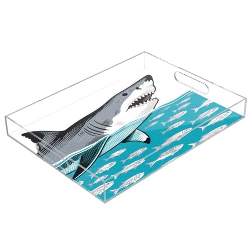 Charola acrílica transparente con asas, diseño de tiburón de animales carnívoros, a prueba de derrames, 30,5 x 40,6 cm