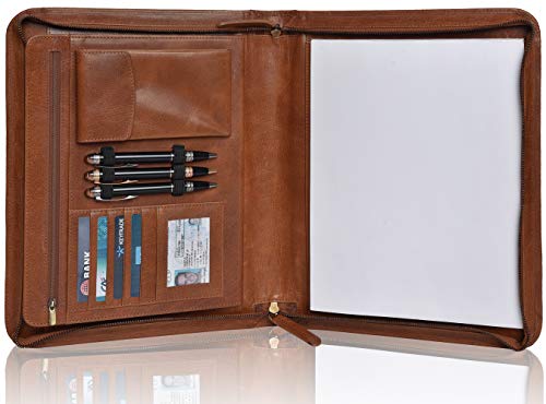 Leather Portfolio for Men and Women - Multi Pocket Zippered Padfolio Folder (Cognac Vintage)