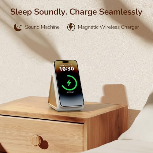 Housbay Sound Machine with Magnetic Wireless Charger for iPhone, 2-in-1 Design for Clutter-Free Nightstand, Dual-Speaker Stereo Sound for Sleeping - Cream — view 2