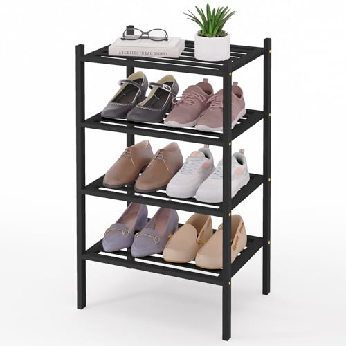 Image of Smiry Bamboo Shoe Rack, 5 Horizontal Slats, 4 Tier - 17.3 inch Wide, Black