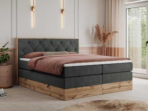 MKS MEBLE King Boxspringbett 180x200 Mit Bettkasten Eiche, Polsterbett Mit Matratze H3, Kopfteil, Holzrahmen in Wotan Eiche - Dunkelgrau Struktur - Veneto King MKS MEBLE King Boxspringbett 180x200 Mit Bettkasten Eiche, Polsterbett Mit Matratze H3, Kopfteil, Holzrahmen in Wotan Eiche - Dunkelgrau Struktur - Veneto King