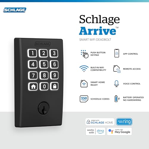 Image of Schlage Arrive Smart WiFi Deadbolt Lock with Camelot Trim, Matte Black | Keyless entry door lock, Push button keypad, Built-in app control, Alexa, Google Home & Ring compatible, Certified security
