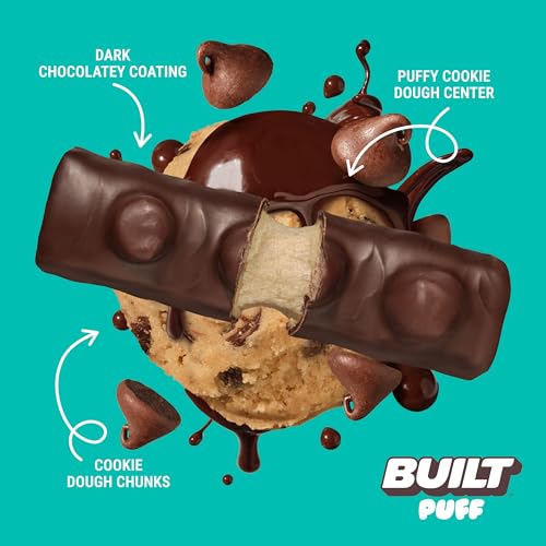 BUILT Puff Protein Bars, Cookie Dough Chunk Puff, High Protein Bars, 15g High Protein Snacks, On-The-Go Bars, only 160 Calories, 8g Sugar, Collagen, Not Gluten Free, 12 Count