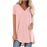 Mrat Swing Tops For Women Long Tops To Wear With Leggings O Neck Short Sleeve Solid Color T-shirt Longline Plus Size Tees Summer Plus Size Shirt Blouse Womens 16 Short Sleeve Pink XXL