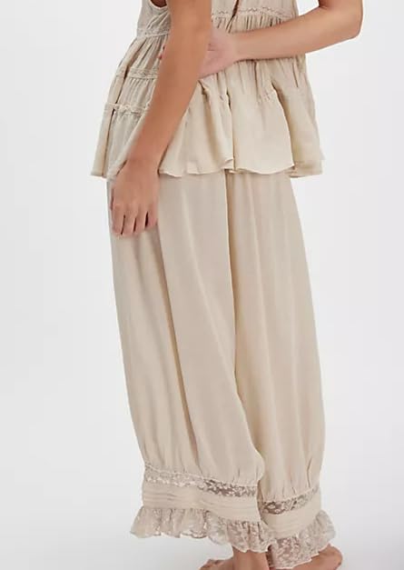 Image of UAURORAO Women Lace Trim Long Bloomers Elastic Mid Rise Ruffle Pantaloons Cropped Flared Slips Pants Pajama Bottoms(Beige,Small)
