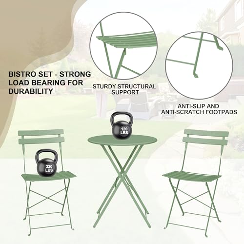 Bistro Table and Chairs Set of 2, 3 Piece Outdoor/Indoor Folding Patio Bistro Sets, 2 Chair Patio Furniture Set with Table, Premium Frame Foldable Coffee Tables for Balcony, Yard, Garden, Green - Thumbnail 5