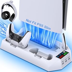 PS5 Stand and Cooling Station with Dual Controller Charging Station for Playstation 5 Console, PS5 Accessories Incl. Controller Charger, Cooling fan,Headset holder (Not Fit 2023 PS5 Slim Disc&Digital)