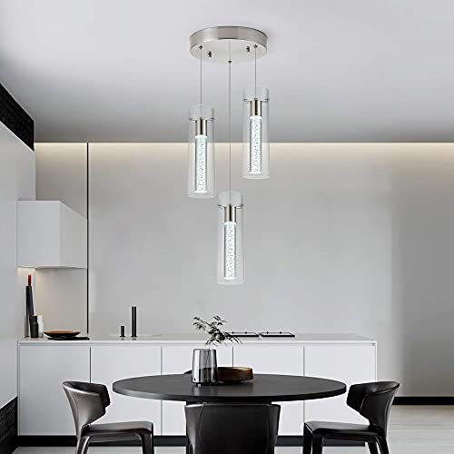 Image of Kitchen Lighting Pendant Fixtures 3-Light LED Pendant Ceiling Fixture Brushed Nickel Bubble Cylinder Pendant Light with Adjustable Length for Kitchen Island Dinning Room Bedroom