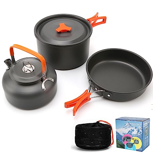 Camping Cookware Kit for 2-3 People, Non-Stick Camping Cooking Set with Kettle, Portable Backpacking Pot and Pan Set, Aluminum Lightweight Camping Cooking Set for Outdoor, Fishing, Hiking, Picnic Camping Cookware Kit for 2-3 People, Non-Stick Camping Cooking Set with Kettle, Portable Backpacking Pot and Pan Set, Aluminum Lightweight Camping Cooking Set for Outdoor, Fishing, Hiking, Picnic
