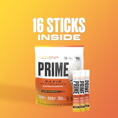 Image of PRIME Rapid Rehydration Electrolyte Powder Sticks, Glacier Orange, Sugar Free Hydration Drink Mix with Sodium, Potassium, Magnesium & B Vitamins to Replenish Fluids, Caffeine Free, 16 Count
