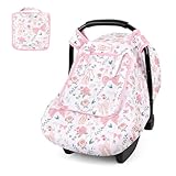 Baby Car Seat Cover Winter, Windproof Carseat Covers for Newborn with 2 Layers Window, Pink Flowers Infant Car Seat Canopy for Girls with Minky Dot Backing, Keeps Babies Warm and Cozy