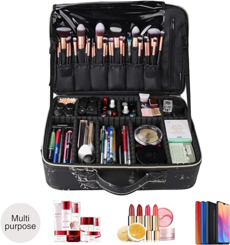 Image of Adson Large Makeup Bag 3 Layers Professional Train Cosmetic Bag Makeup Organizer Case Artist Storage Brush Box with Adjustable Dividers and Strap for Makeup Accessories (Marble Jet Black)