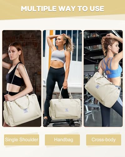 Image of Gym Bag for Women Men Duffle Bags for Travel with Shoe Compartment Shoulder Weekender Overnight Carry on Tote Bags for Airplane Beach Bag Workout Yoga Sport Swimming Cream White
