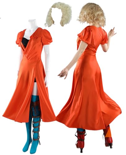 Stoamso Bride Monsters Cosplay Retro Gothic Dress Socks Women Frankenstein Halloween Costume Orange Vintage Dress Wig Suit (Orange + Wig Medium)