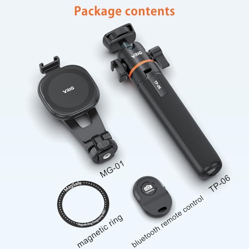 VRIG 21.6" Magnetic Cell Phone Tripod, Compatible with MagSafe, TP-06 Extendable Phone Tripod + MG-03 Magnetic Tripod Mount Stand with Wireless Remote, for iPhone 16 15 14 13 12 & All Phones