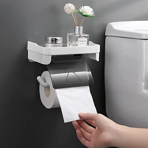 Toilet Roll Holder with Storage Box,Self Adhesive Plastic Waterproof Lightweight Roll Tissue Holder with Anti-Drop Storage,for Bathroom and Kitchen(White)