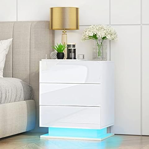 Waktavel LED Bedside Table, Modern High Gloss Bedside Tables with 3 Storage Drawers & RGB LED Lights End Side Sofa Table for Bedrooms/Living Room/Office (White) Cover