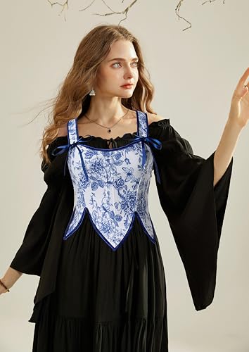 Image of Scarlet Darkness Corset Tops for Women Renaissance Costume Floral Lace Up Boned Bustier with Zip Blue and White Size 6