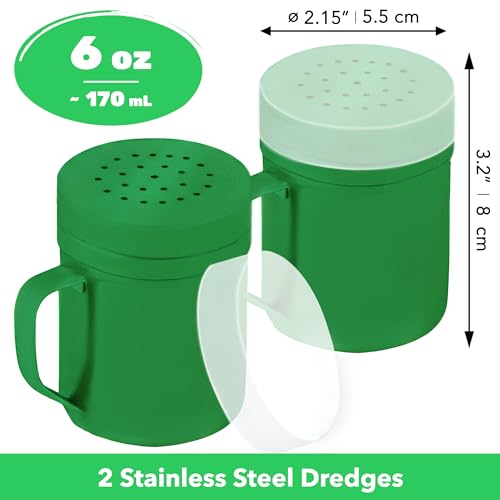 Image of CUSINIUM 6oz Forest Green Stainless Steel Salt Pepper Dredge Shakers - With Plastic Cap - With Handle - Pack of 2