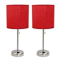 Simple Designs LC2001-RED-2PK Brushed Steel Stick Table Lamp Set with Charging Outlet and Red Fabric Shades, 2 Pack Set