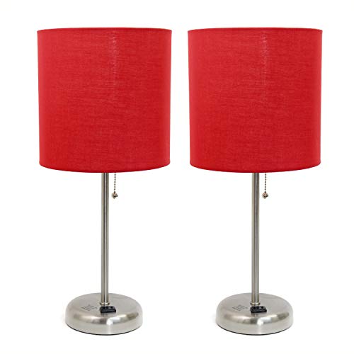 Limelights LC2001-RED-2PK Stick Charging Outlet Fabric Shade 2 Pack Table Lamp Set, Brushed Steel/Red, 2 Count