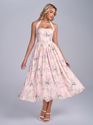 Image of Parthea Women's Floral Halter Corset Midi Dress 2026 Elegant Smocked Flowy Wedding Guest Dresses with Pockets