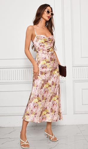 Image of Wedding Guest Dress for Women Spaghetti Strap Satin Slip Dresses | Slit Midi Dress, Cowl Neck, Cocktail, Formal, Evening Party