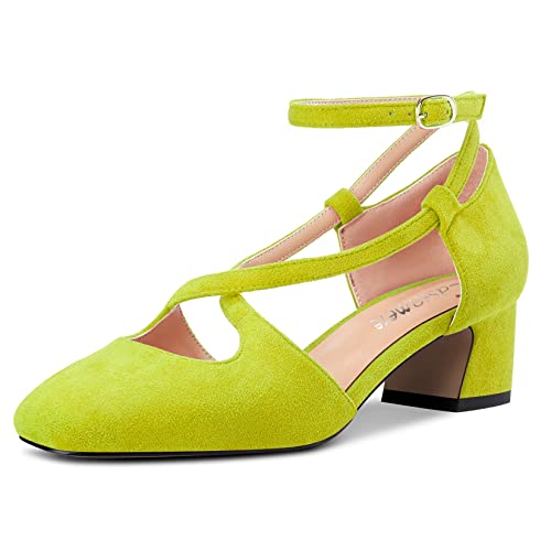 Castamere Mujer Medio Chunky Ancho Heel Cuadrada Punta Correa Cruzada Pumps Fiesta Cute Zapatos Verde Lima Ante 39 EU