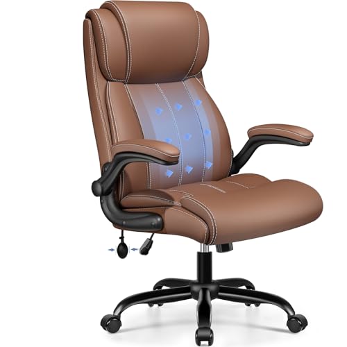 BESTFAIR Ergonomic Office Chair - Home Desk Computer Chair, Leather High Back Executive Chairs with Adjustable Lumbar Support & Flip-up Arms, Rocking Swivel Comfy, Brown