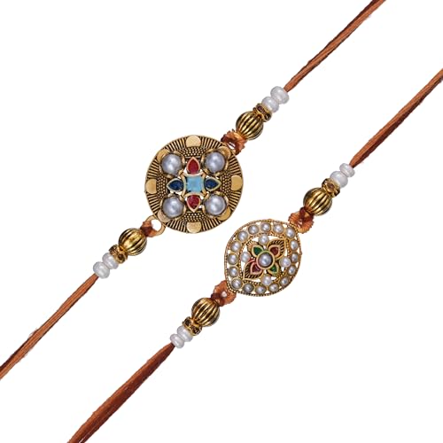 Image of eCraftIndia Set of 2 Green & Golden Shri Krishna and Radha Krishna Playing Flute Designer Religious Rakhis | Roli Chawal Pack | Rakhi for Brother